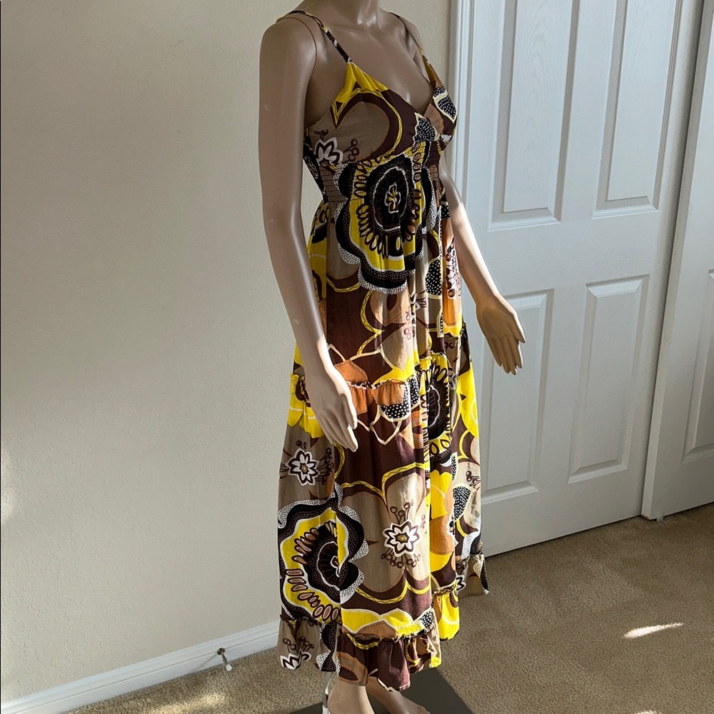 100% Cotton Speed Control Yellow, and Brown Floral Maxi Dress Size Medium. - Picture 2 of 12